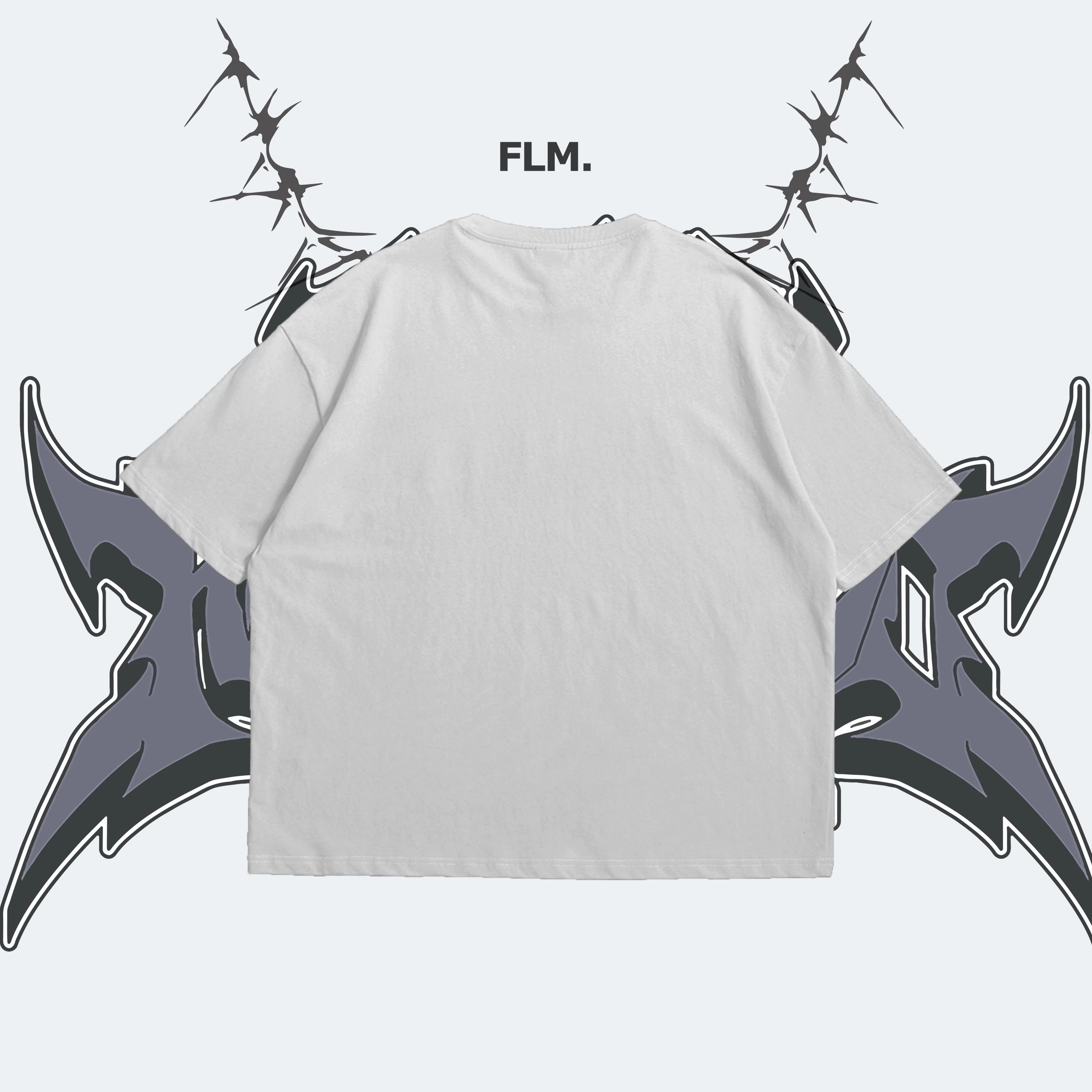 White t-shirt with black and gray tribal designs on a white background