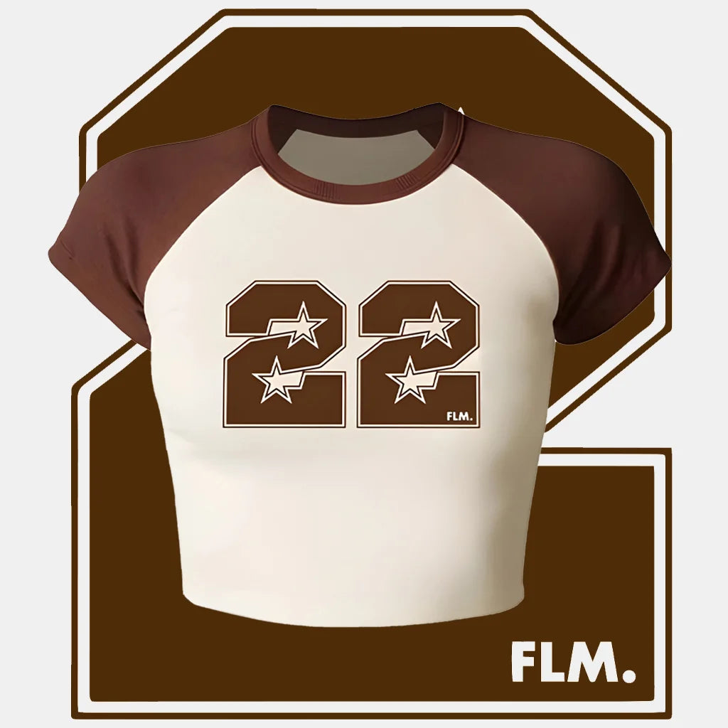 Baseball-style shirt with number 22 and stars on a white background, featuring the brand 'Flame'.