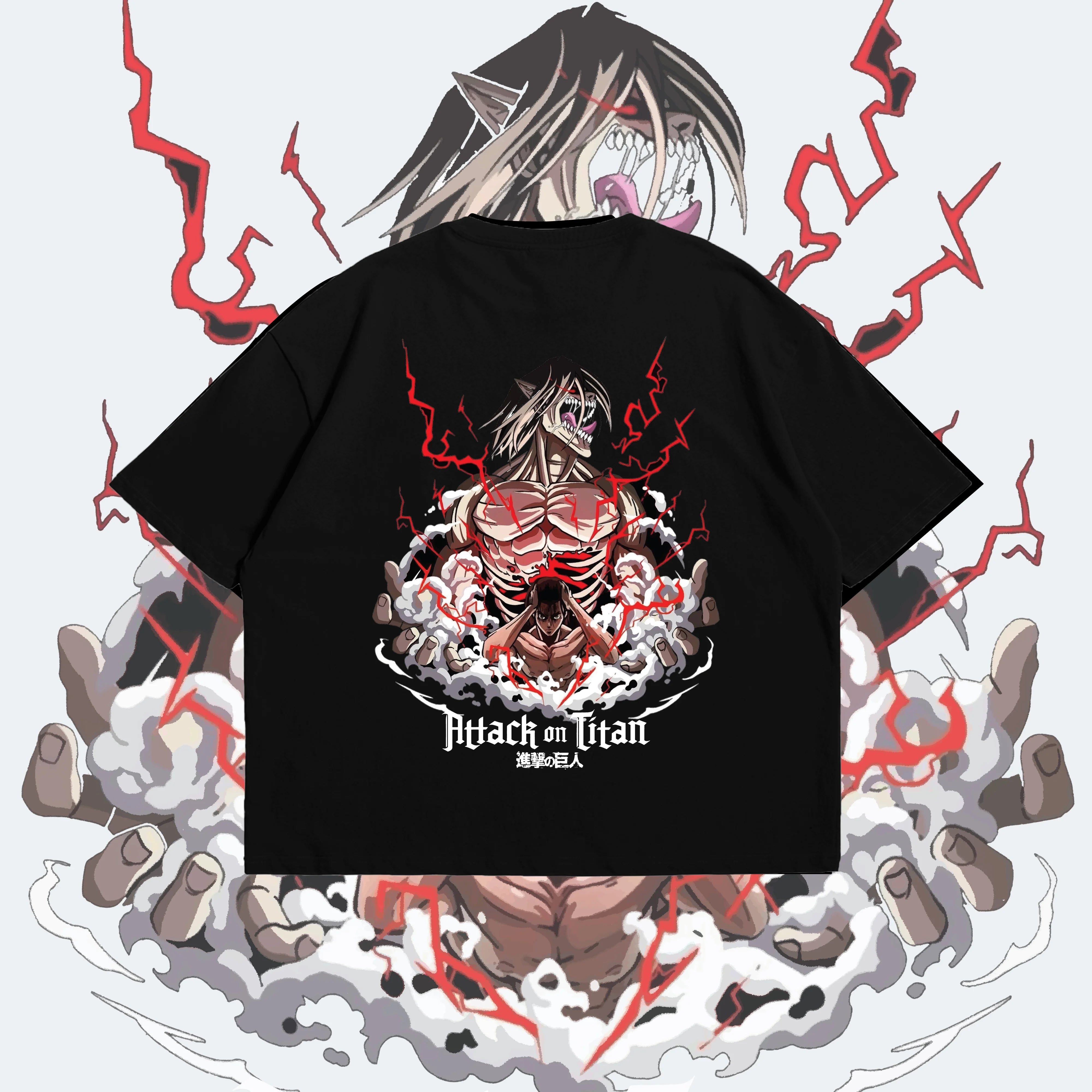 Black t-shirt with 'Attack on Titan' graphic design on a white background
