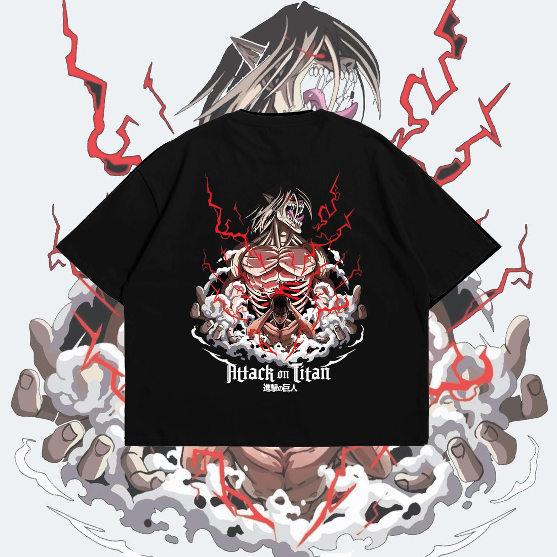 Black t-shirt with 'Attack on Titan' graphic design on a white background