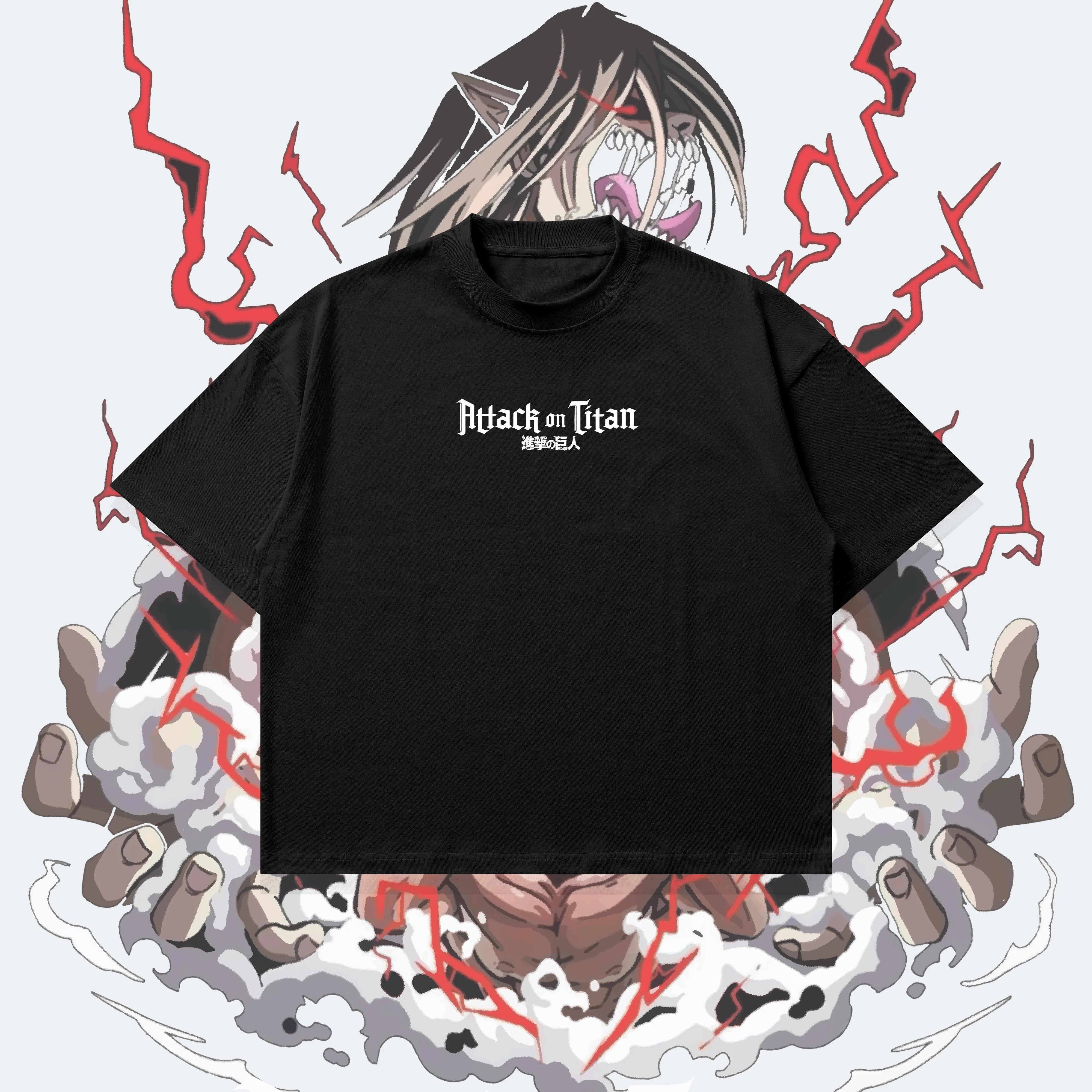 Black t-shirt with 'Attack on Titan' logo on a stylized background