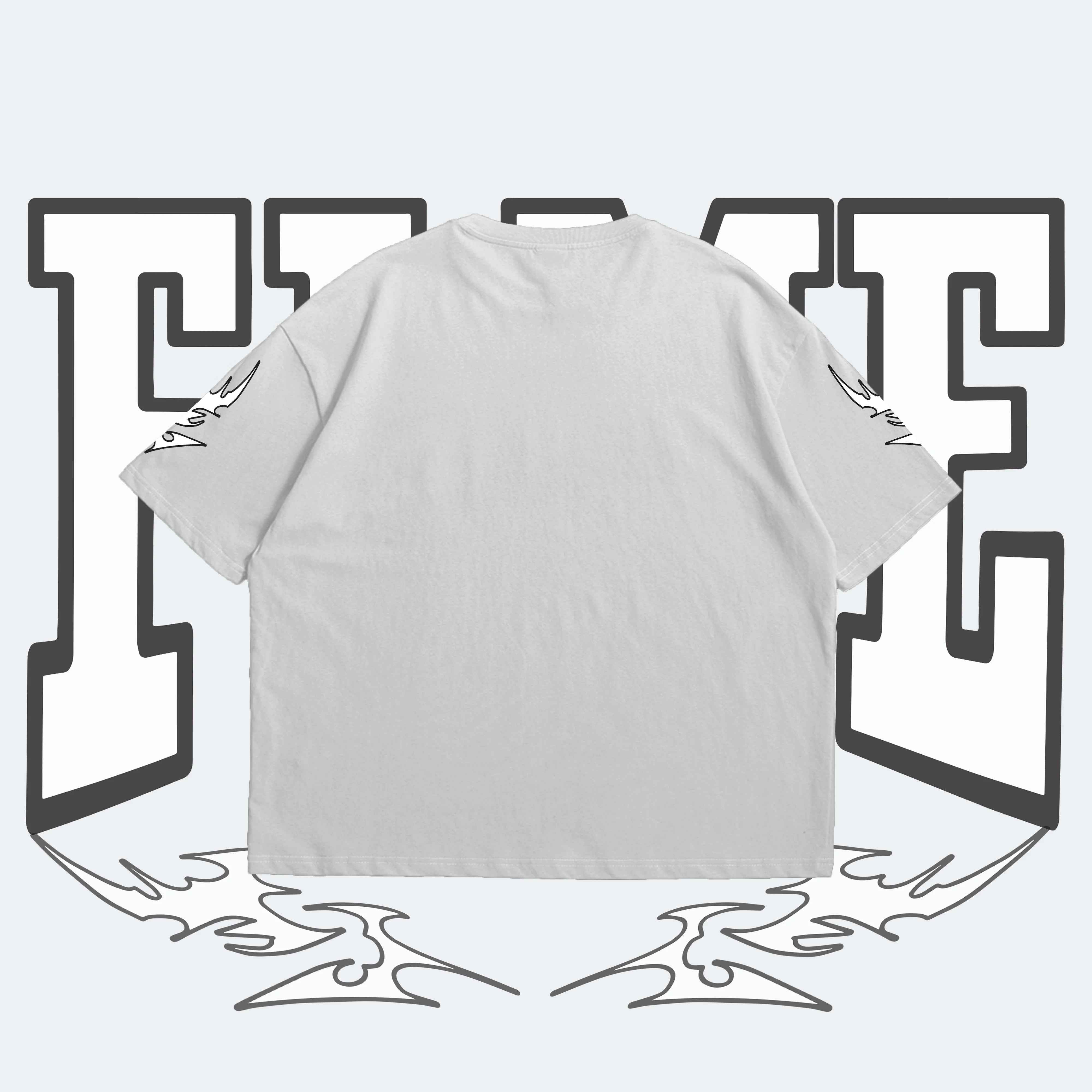 White t-shirt with black designs on a light gray background