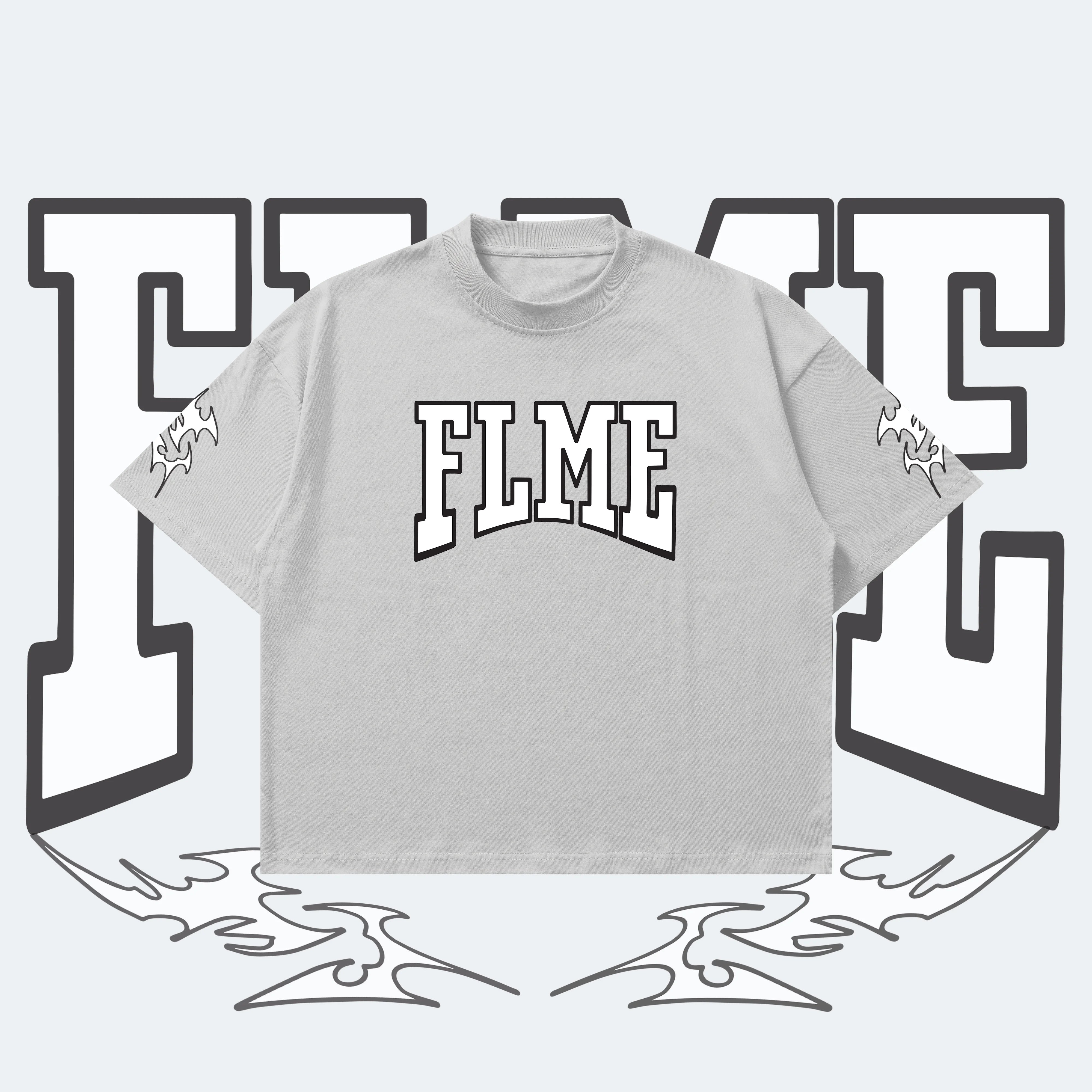 Gray t-shirt with 'FLME' text on a decorative background