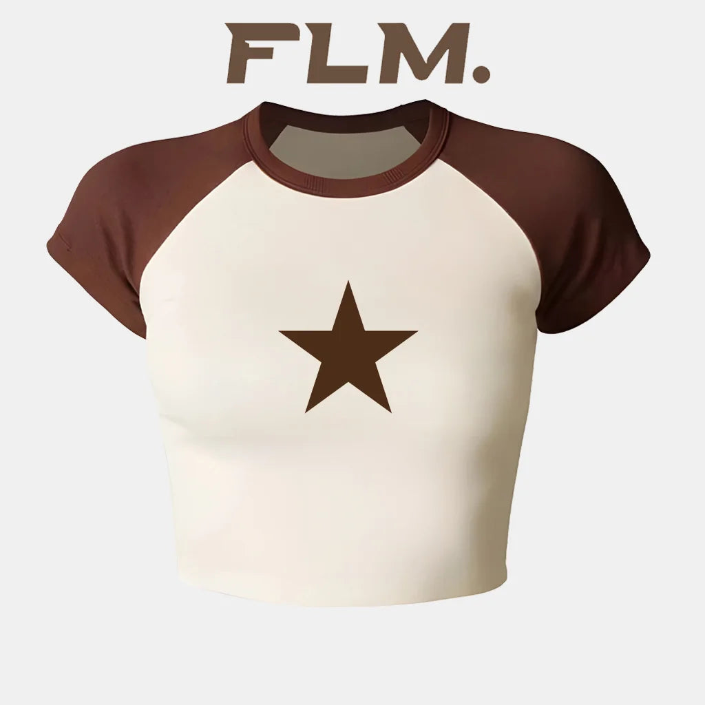Beige and brown baseball-style shirt with a star design on a white background, featuring the brand 'FLM'.