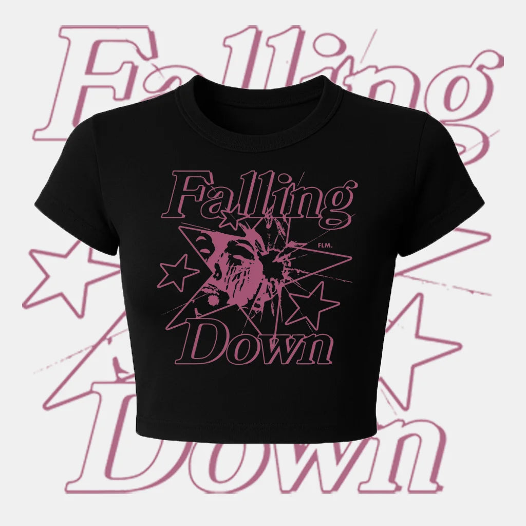 Black t-shirt with pink graphic design and text on a white background