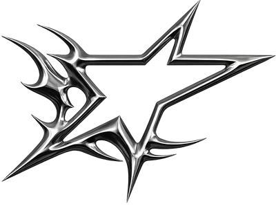 Metallic star-shaped logo on a white background