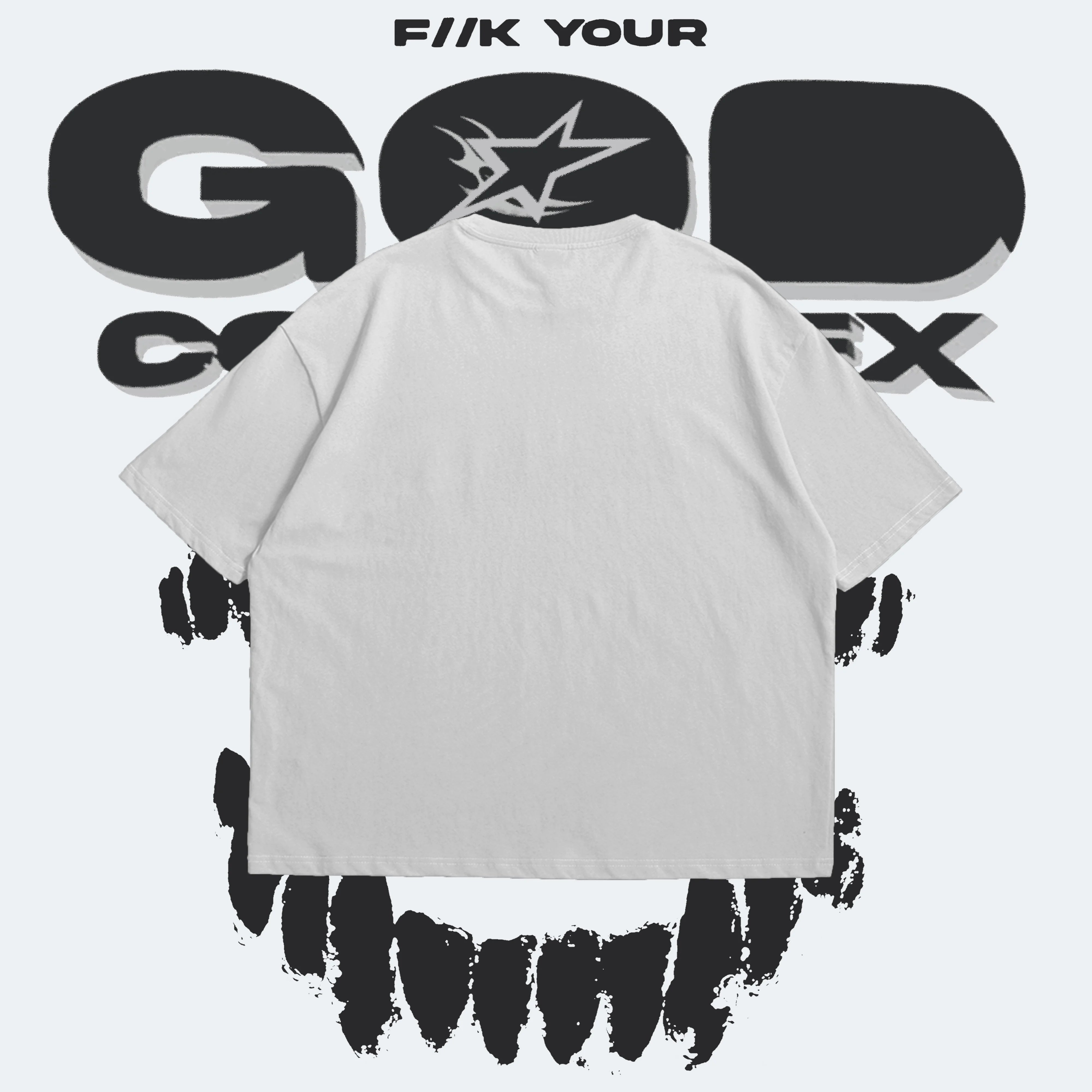 White t-shirt with black text and graphics on a white background