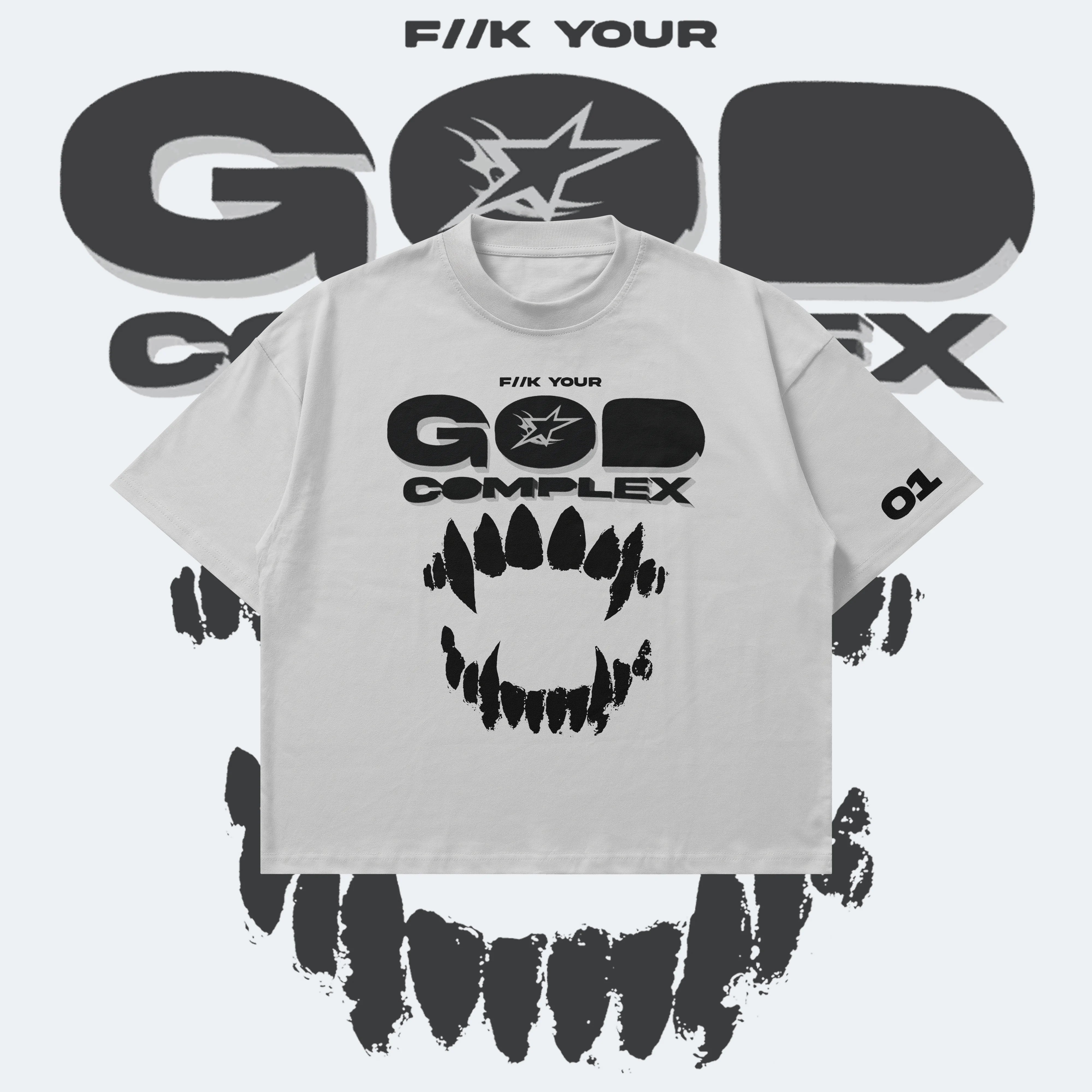 Gray t-shirt with black graphic design and text on a white background