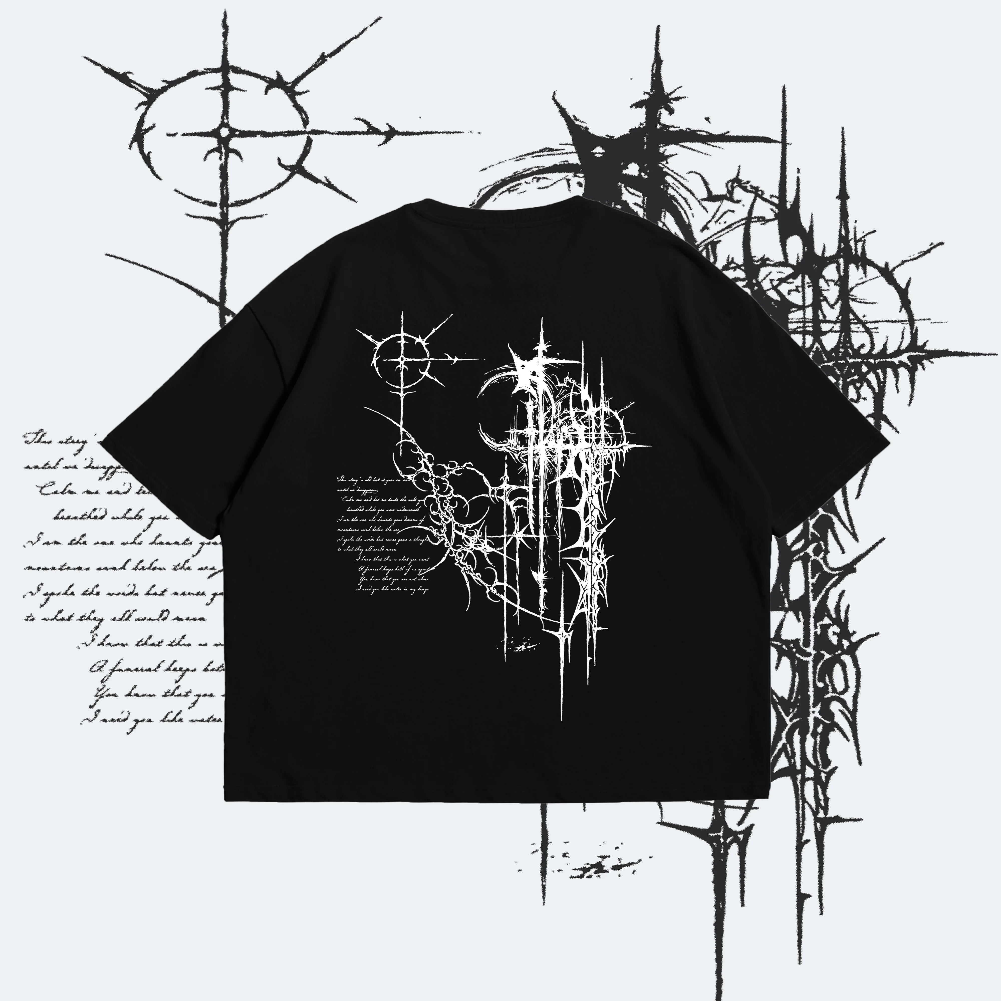 Black t-shirt with white graphic design on a white background