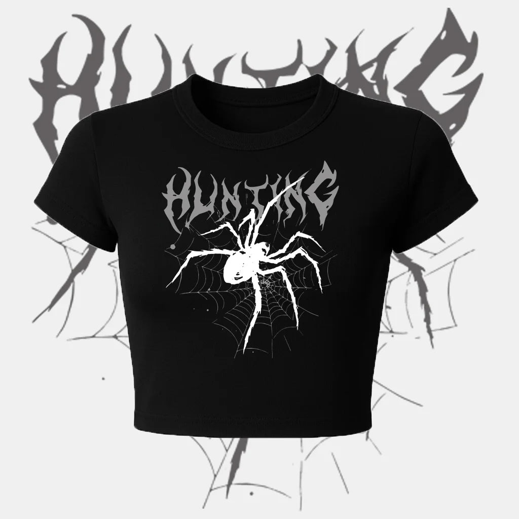 Black crop top with white spider graphic and 'Hunting' text on a white background