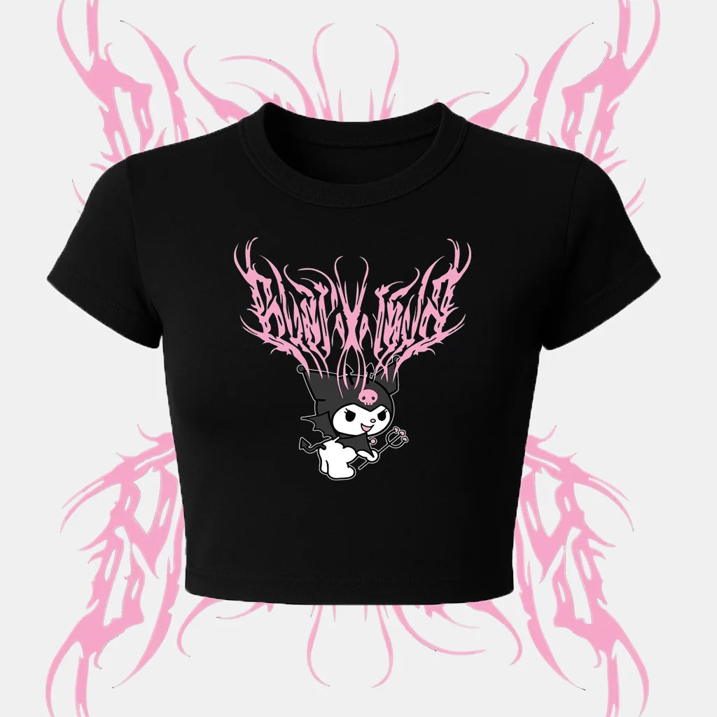 Black crop top with graphic design on a pink and white background