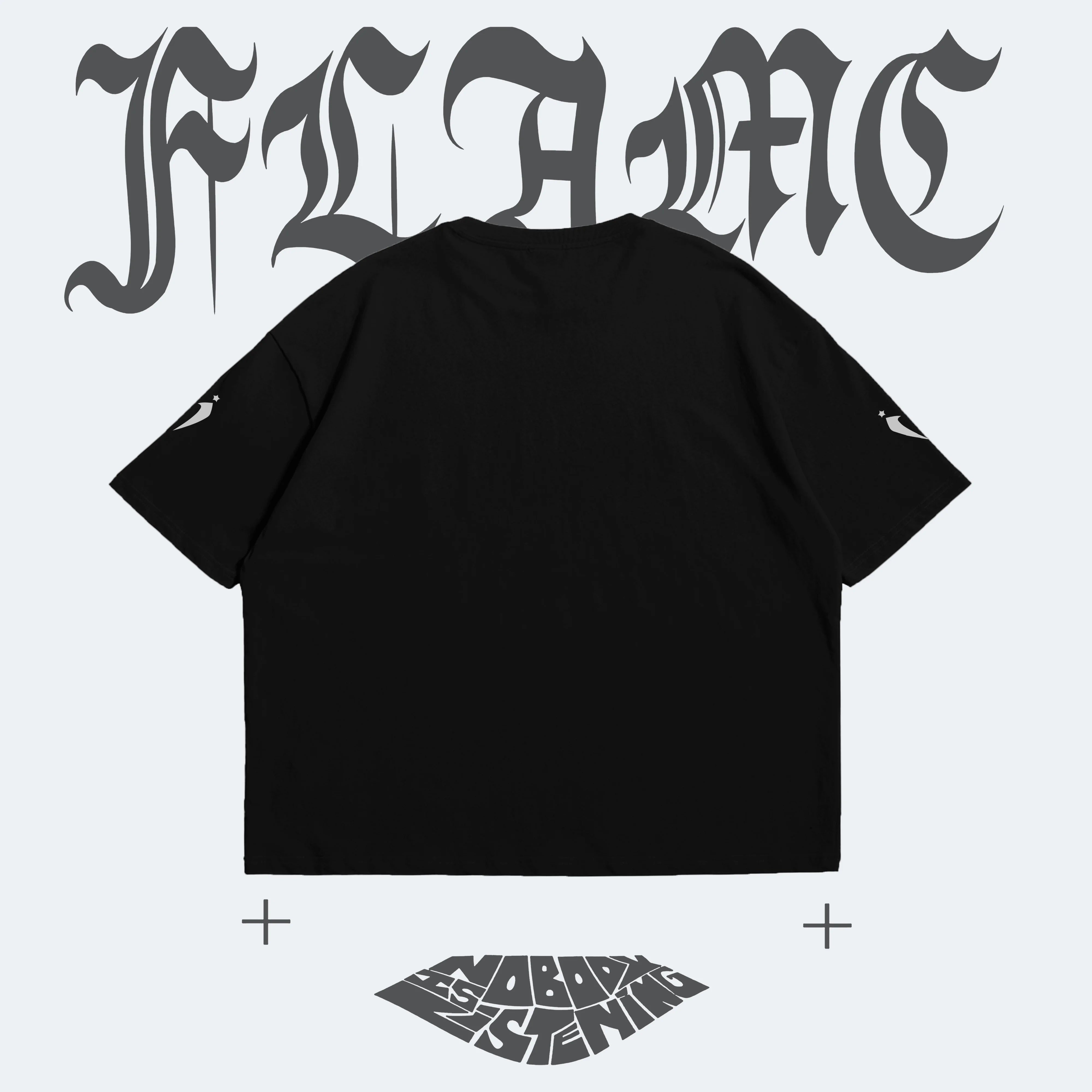 Black t-shirt with 'FLAME' text design on a white background