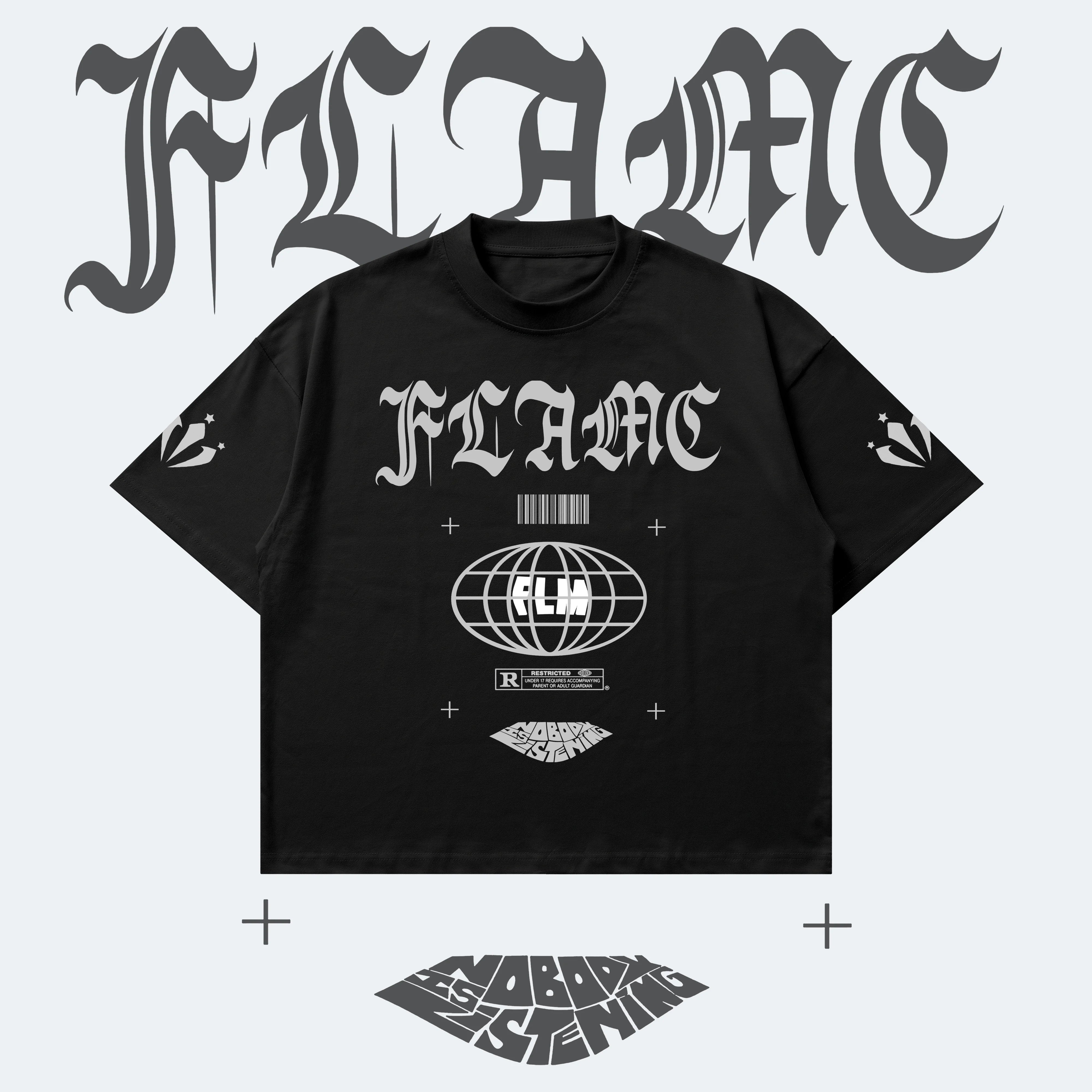 Black t-shirt with 'FLAME' branding on a white background