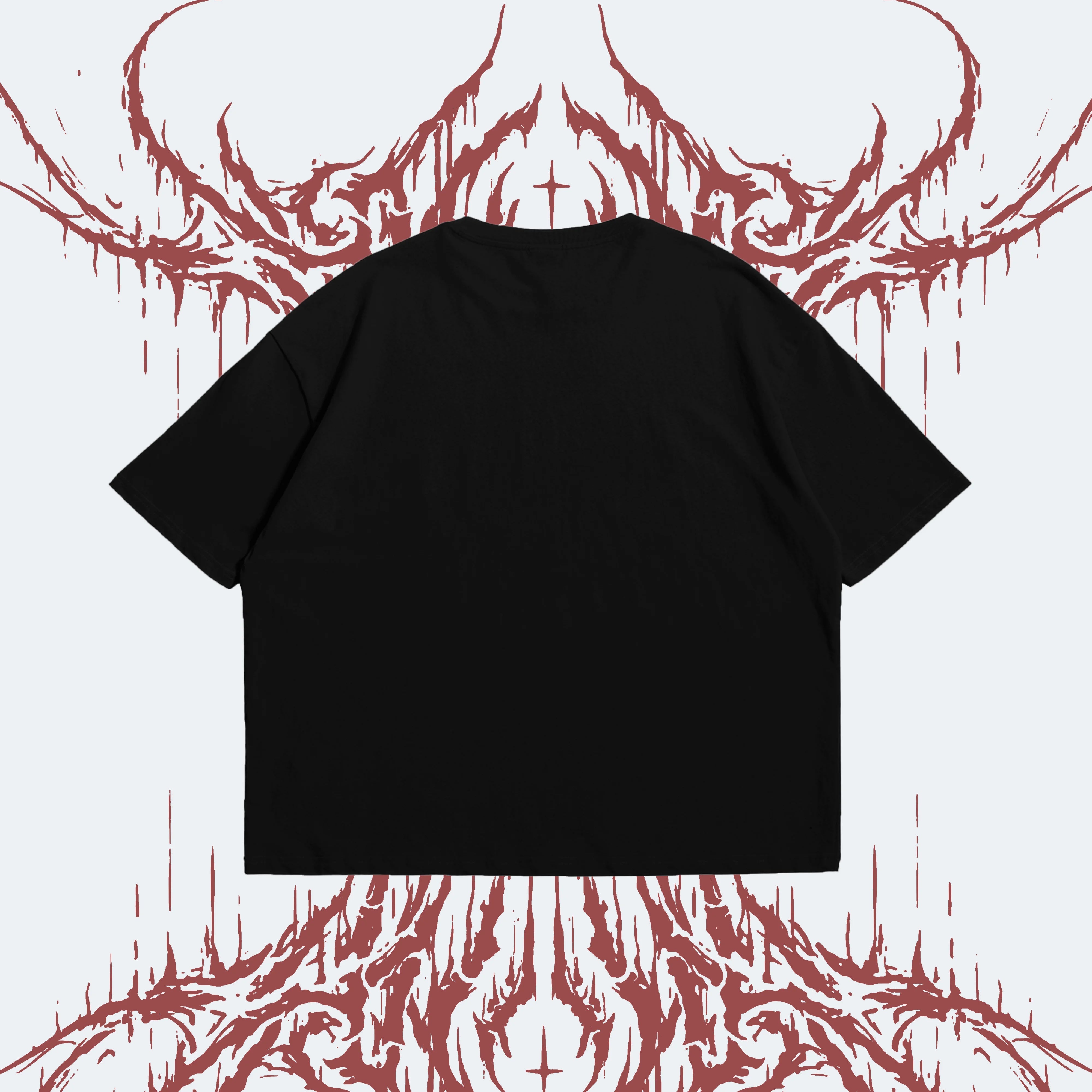Black t-shirt on a white background with red abstract designs.