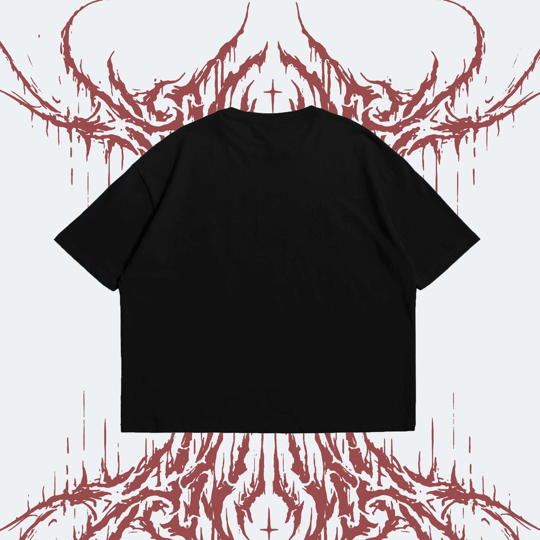 Black t-shirt on a white background with red abstract designs.