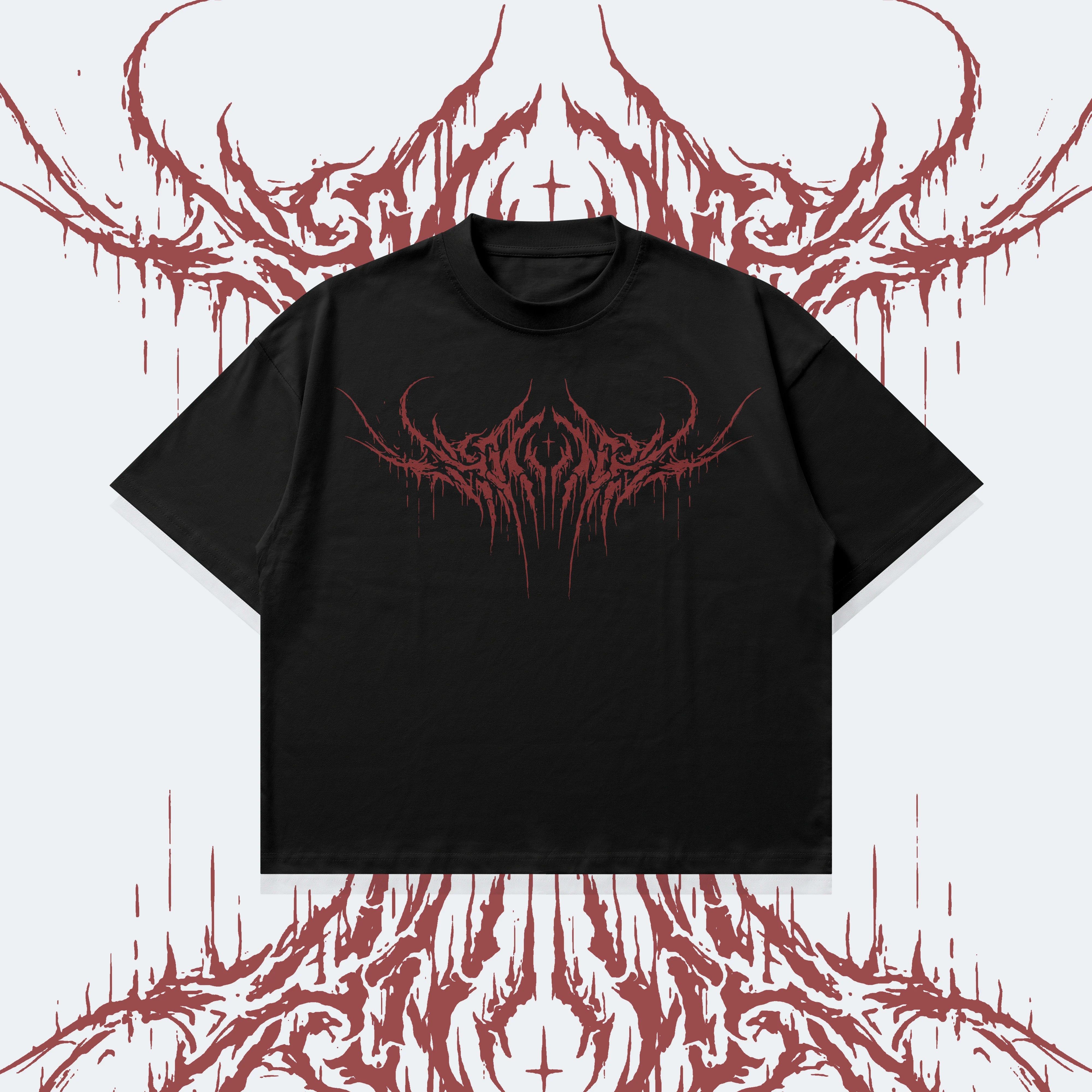 Black t-shirt with red graphic design on a white background with red abstract patterns.