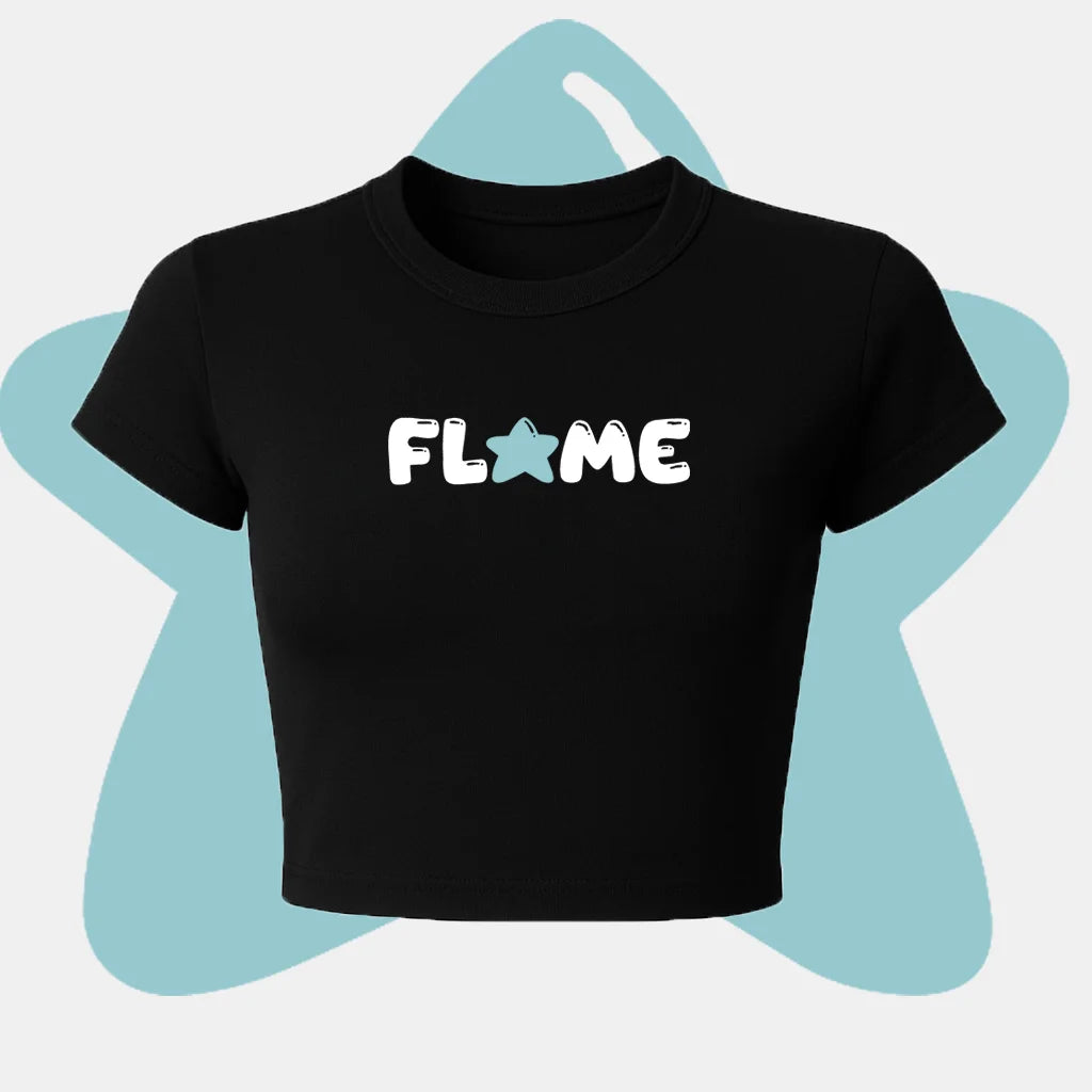 Black crop top with 'FLAME' text on a light blue background