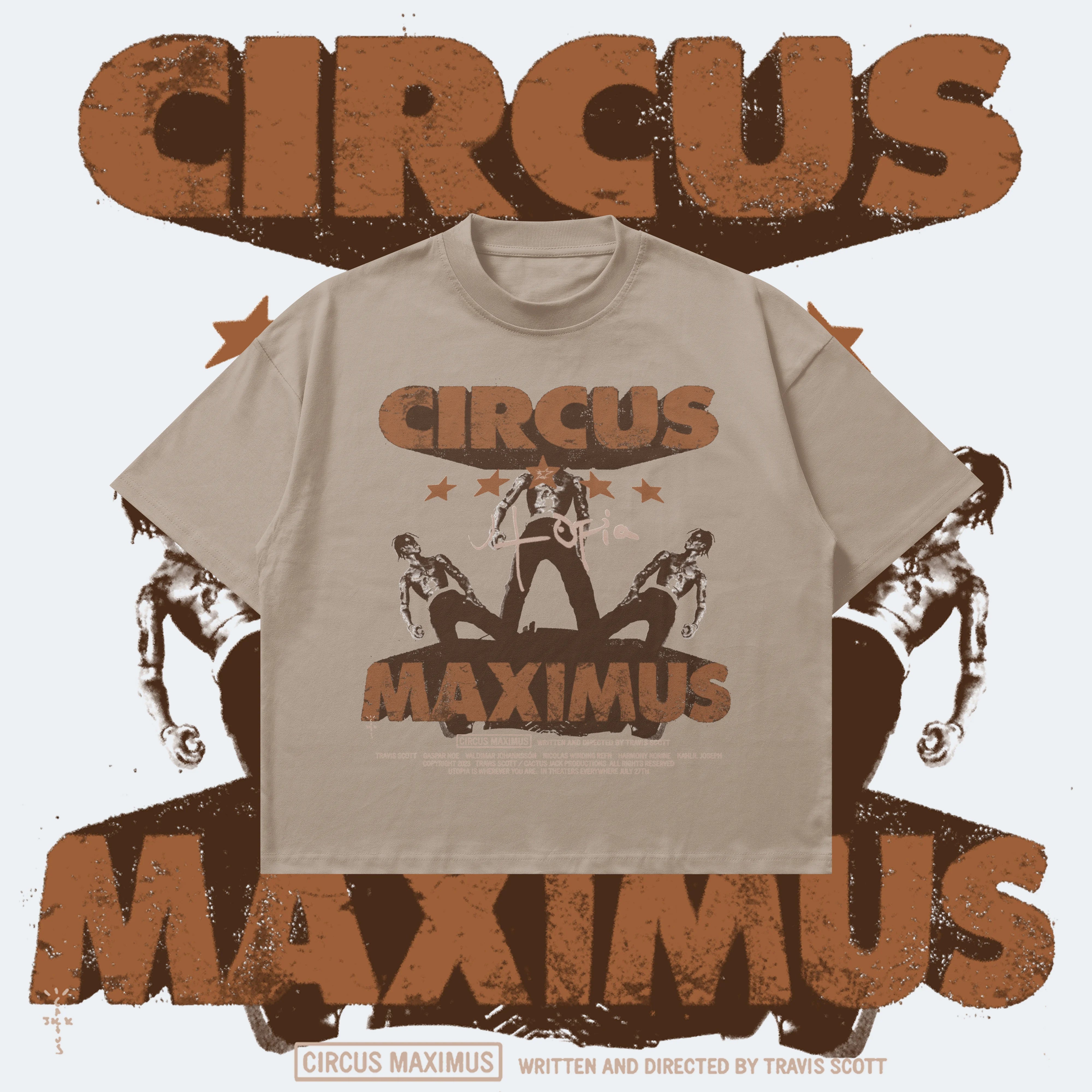 T-shirt with 'Circus Maximus' design on a beige background
