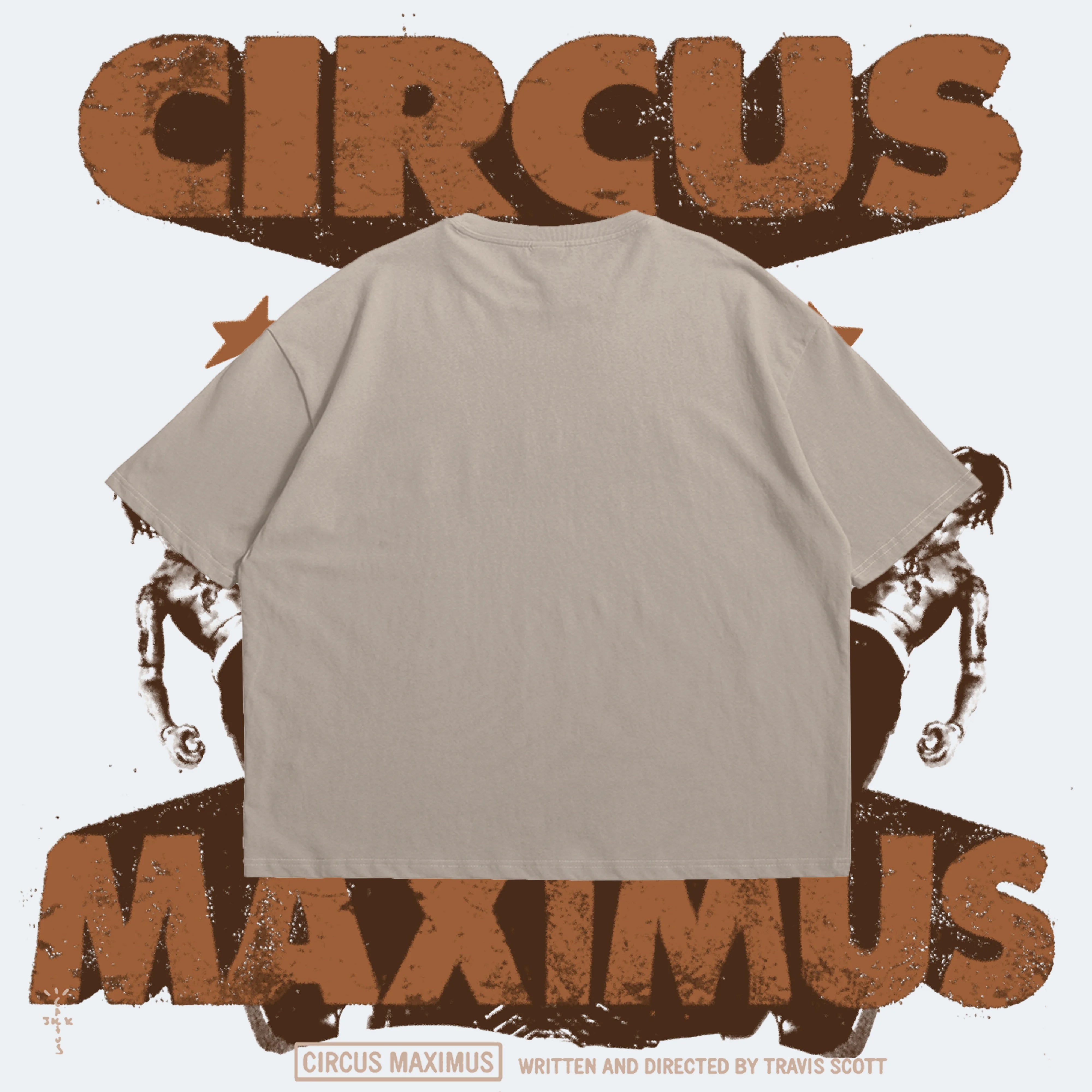 Beige t-shirt with 'Circus Maximus' text and design on a light blue background