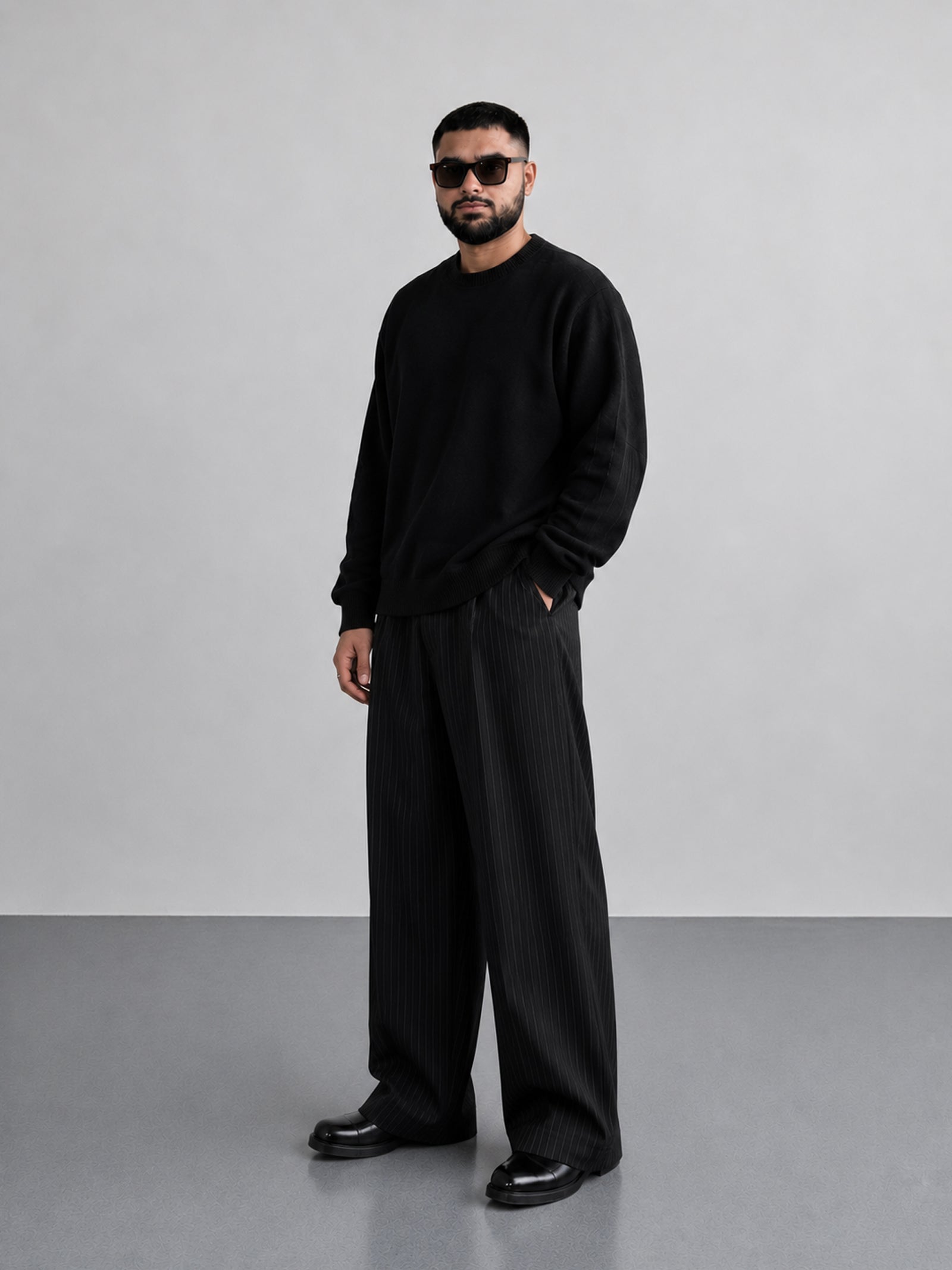 Black Stripe Formal Wide Leg Pants (Men)