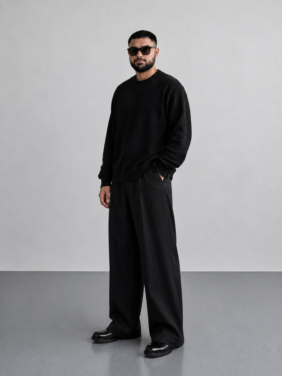 Black Stripe Formal Wide Leg Pants (Men)