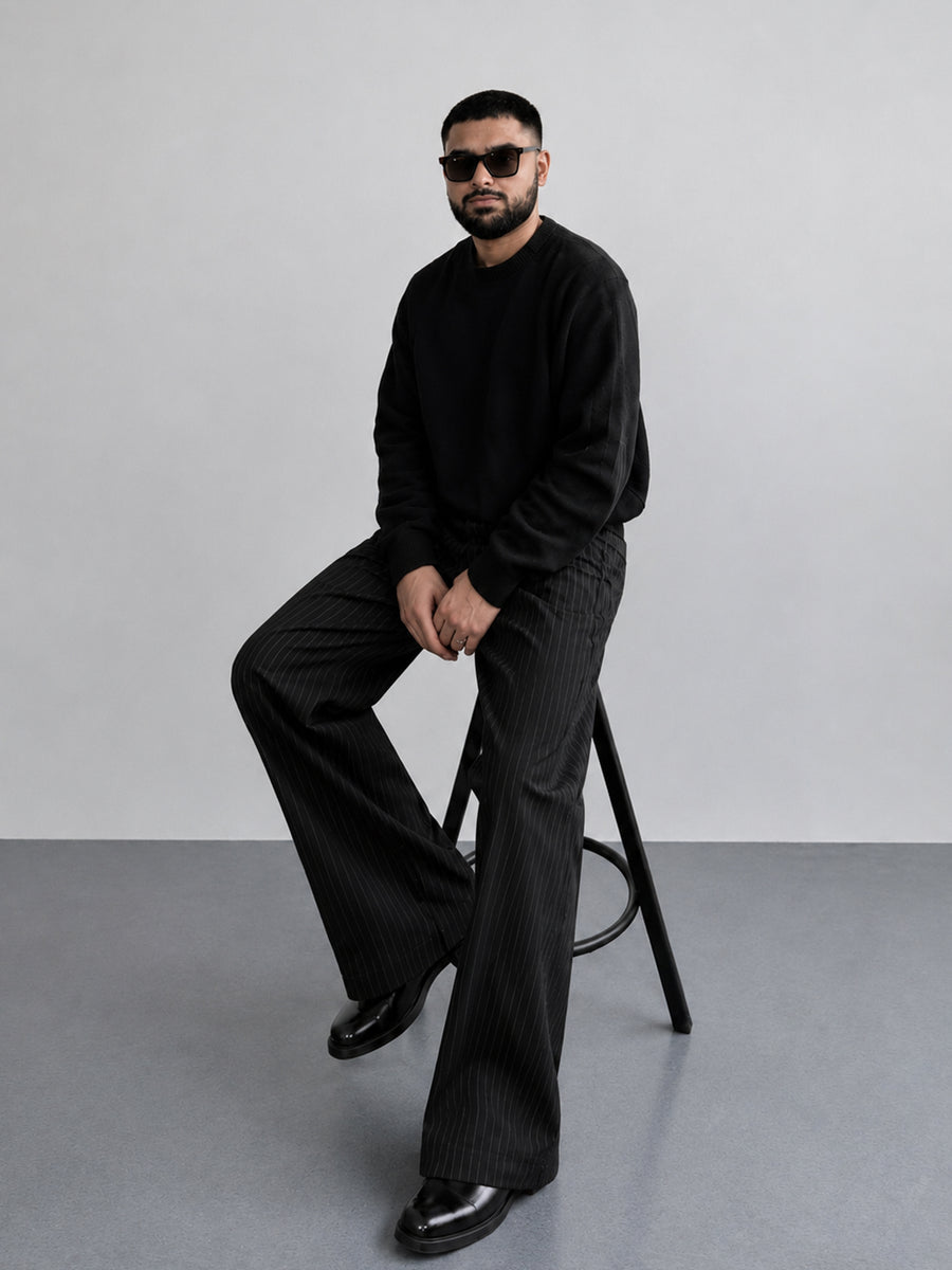 Black Stripe Formal Wide Leg Pants (Men)