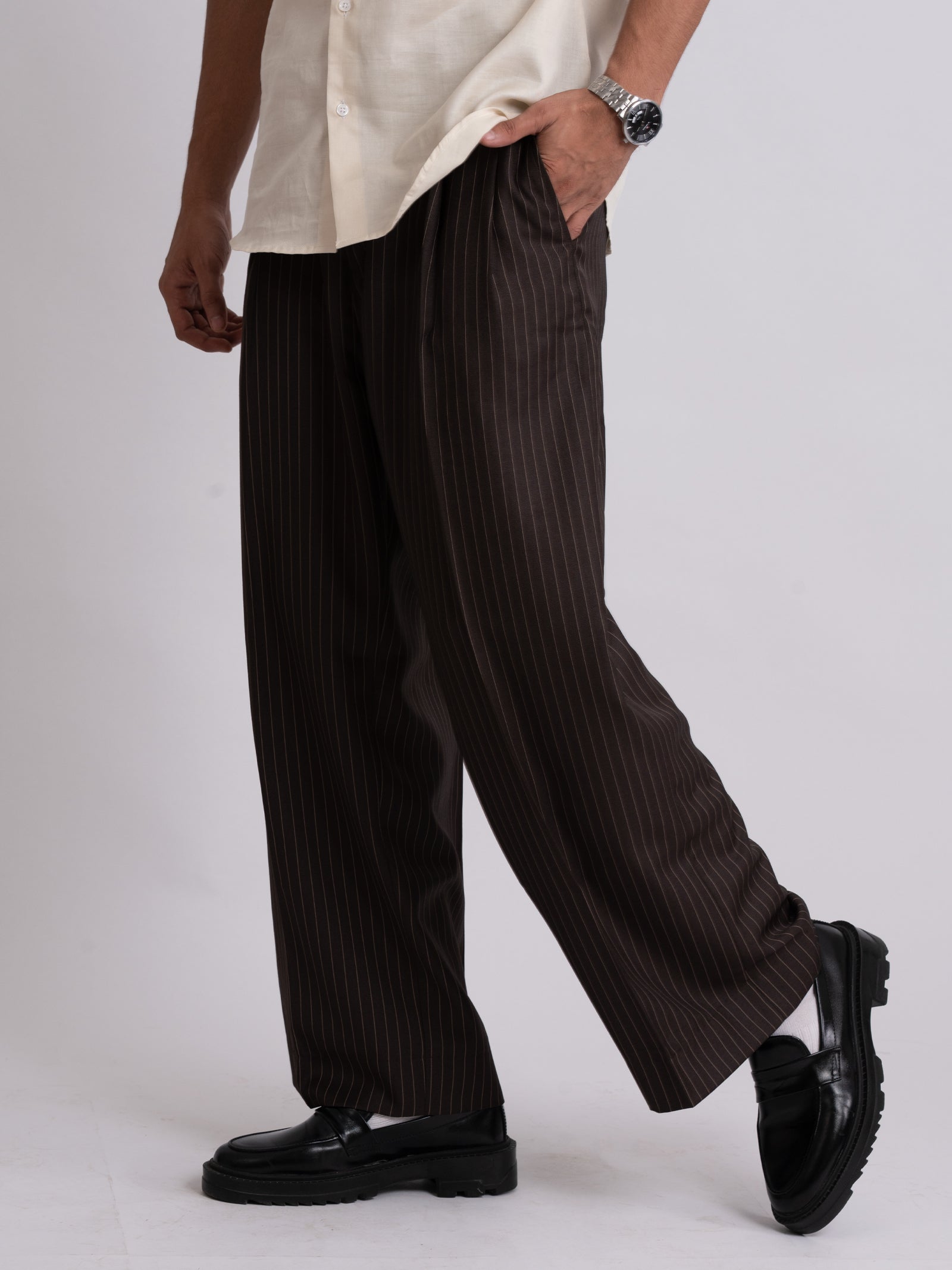 Brown Stripe Formal Wide Leg Pants (MEN)