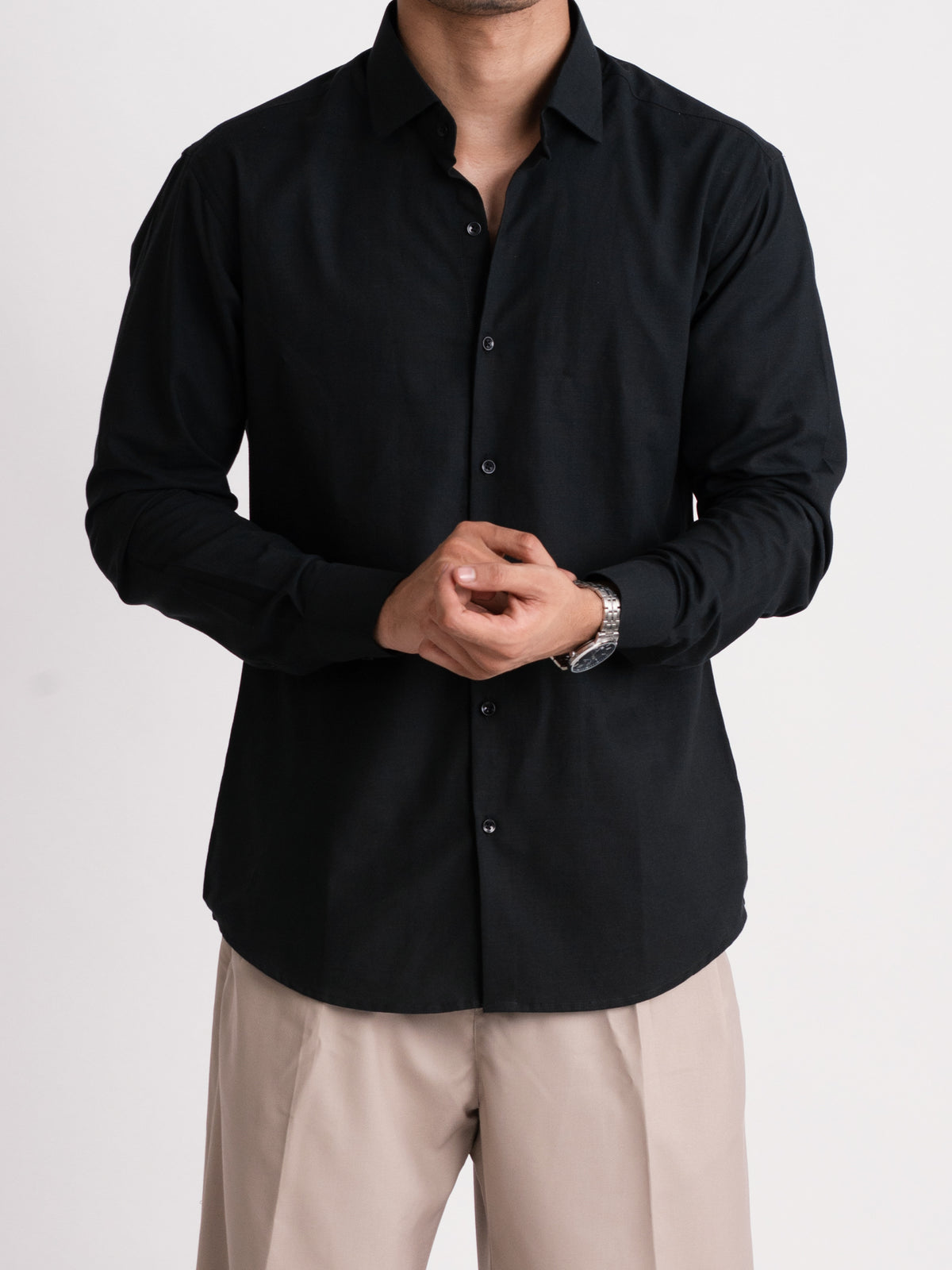 100% LINEN STRUCTURED SHIRT - BLACK