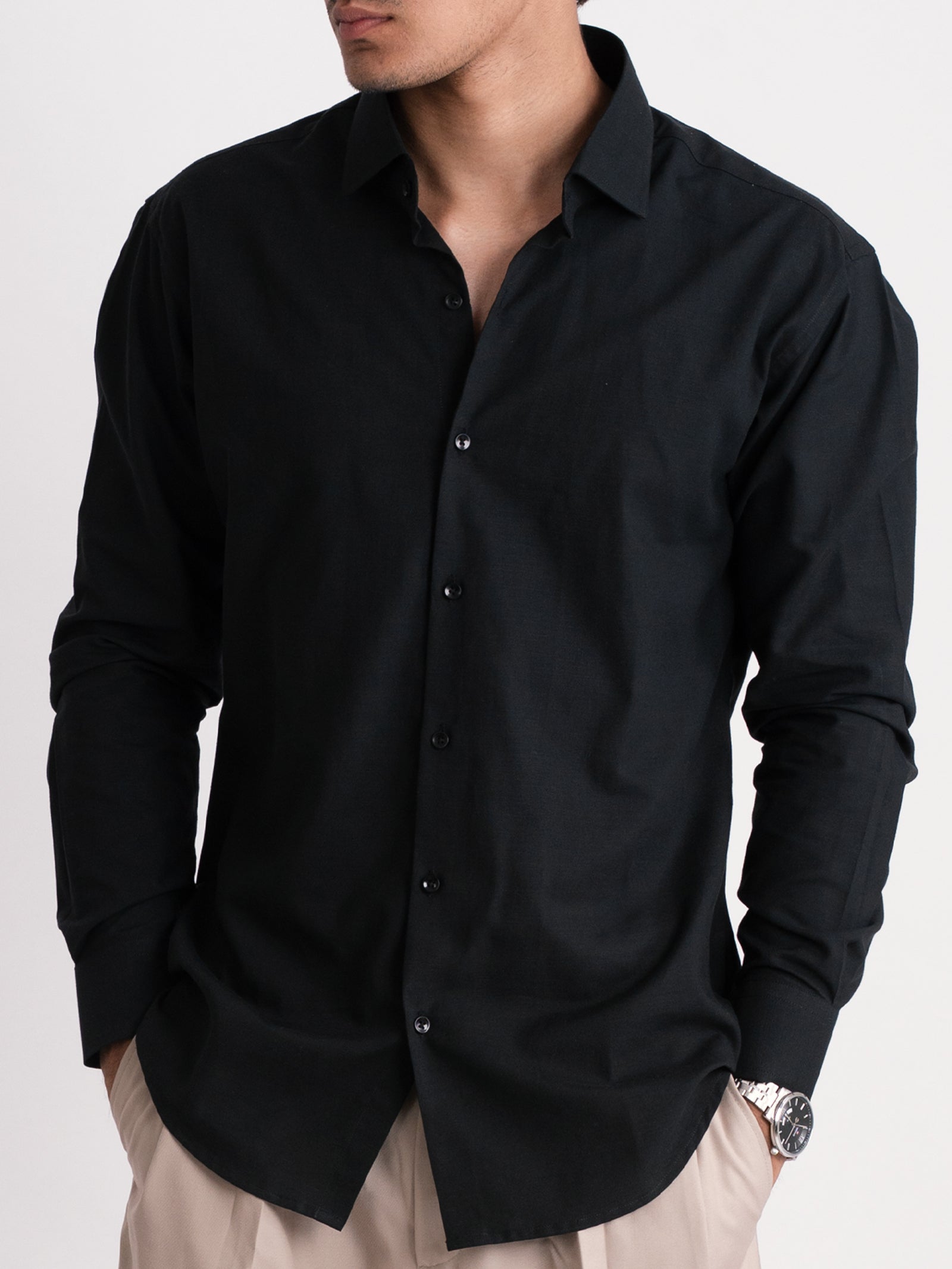 100% LINEN STRUCTURED SHIRT - BLACK