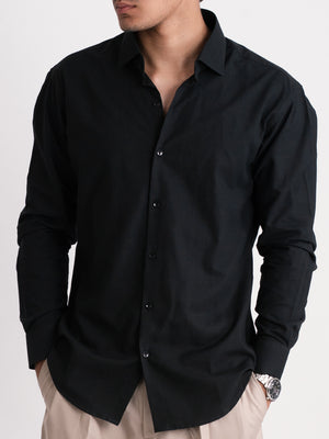 100% LINEN STRUCTURED SHIRT - BLACK