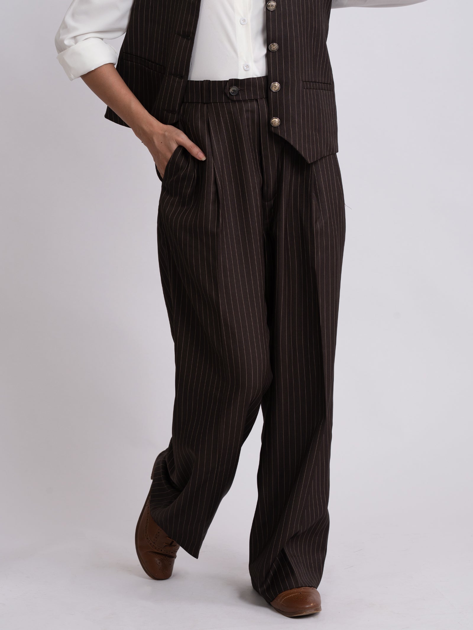 Brown Stripe Formal Wide Leg Pants (WOMEN)