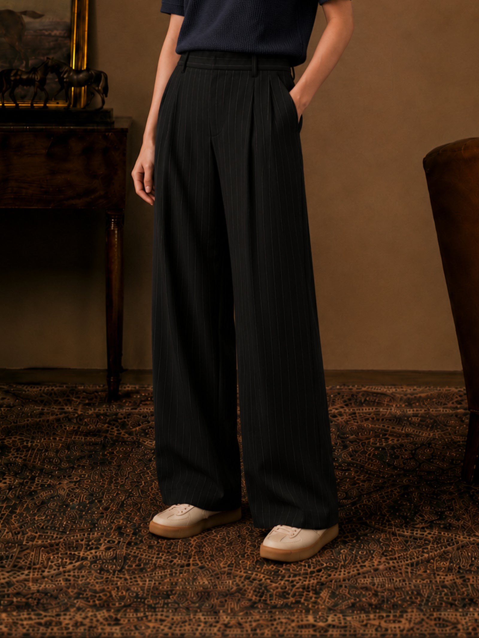 Black Stripe Formal Wide Leg Pants (Women)