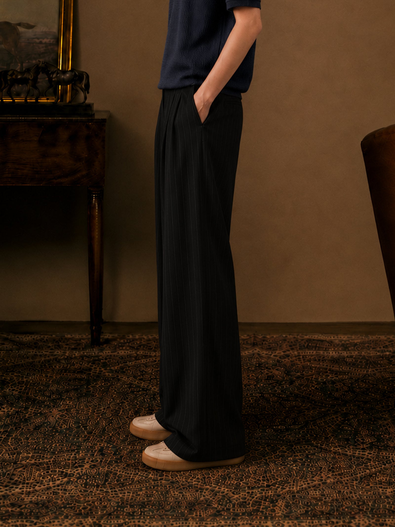 Black Stripe Formal Wide Leg Pants (Women)
