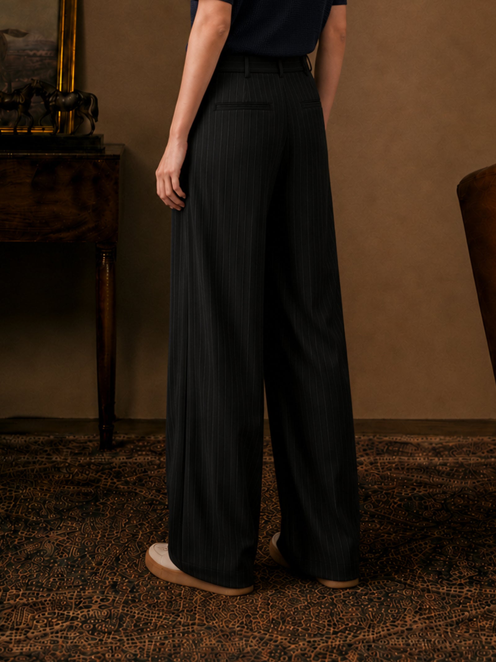 Black Stripe Formal Wide Leg Pants (Women)