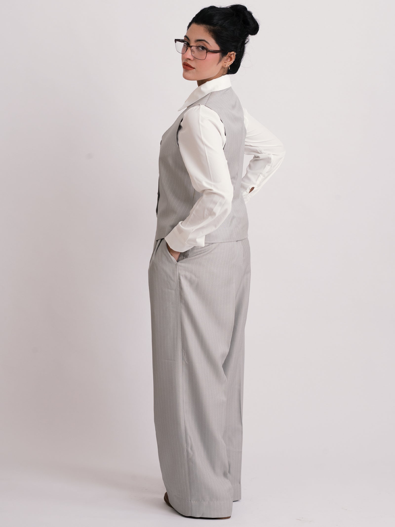 Grey Stripe Formal Wide Leg Pants (WOMEN)