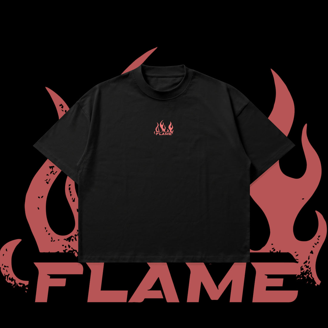 Black t-shirt with red flame design on a black background