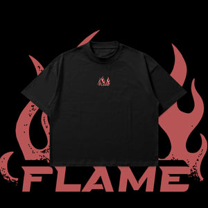 Black t-shirt with red flame design on a black background