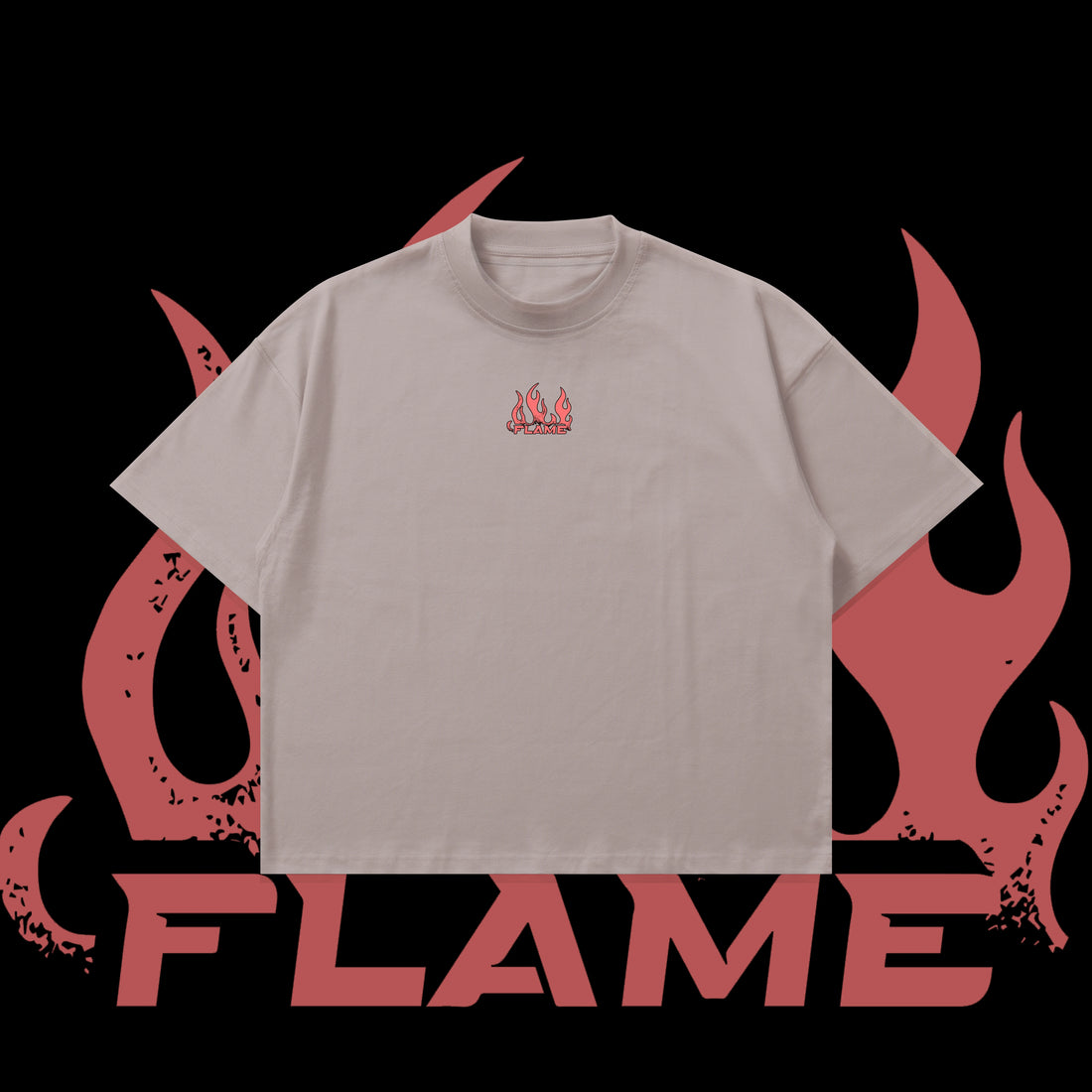 Gray t-shirt with red flame design on a black background