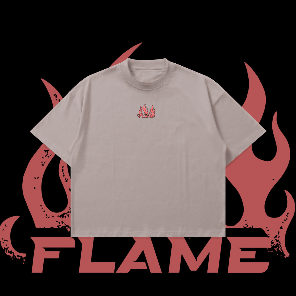 Gray t-shirt with red flame design on a black background