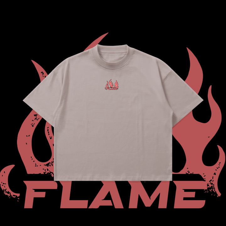 Gray t-shirt with red flame design on a black background