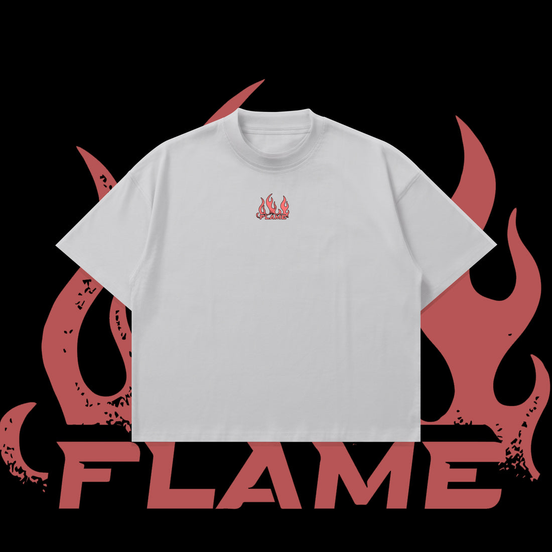 White t-shirt with red graphic design on a black background