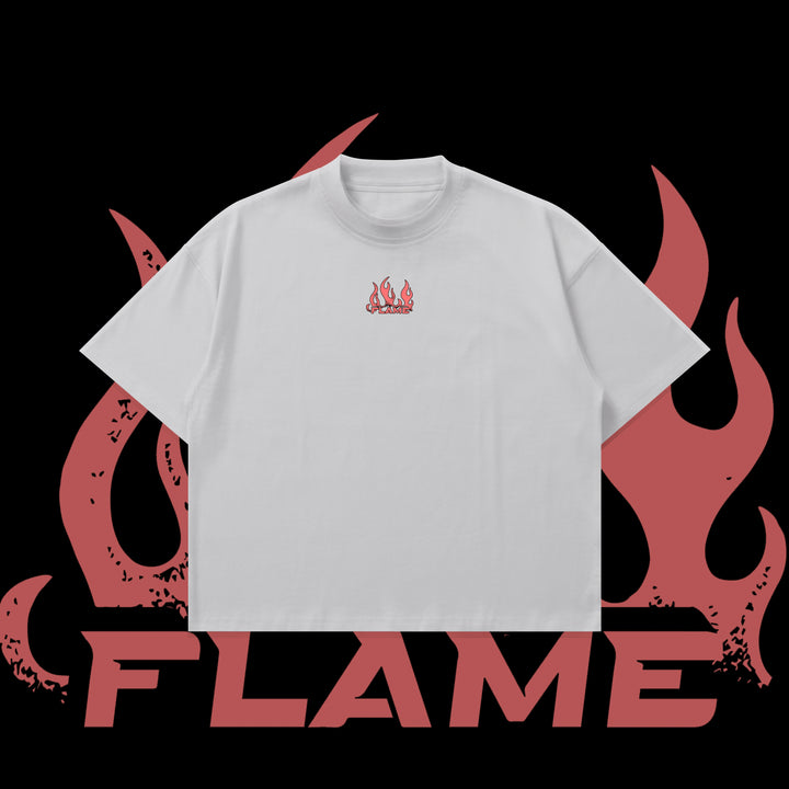 White t-shirt with red graphic design on a black background