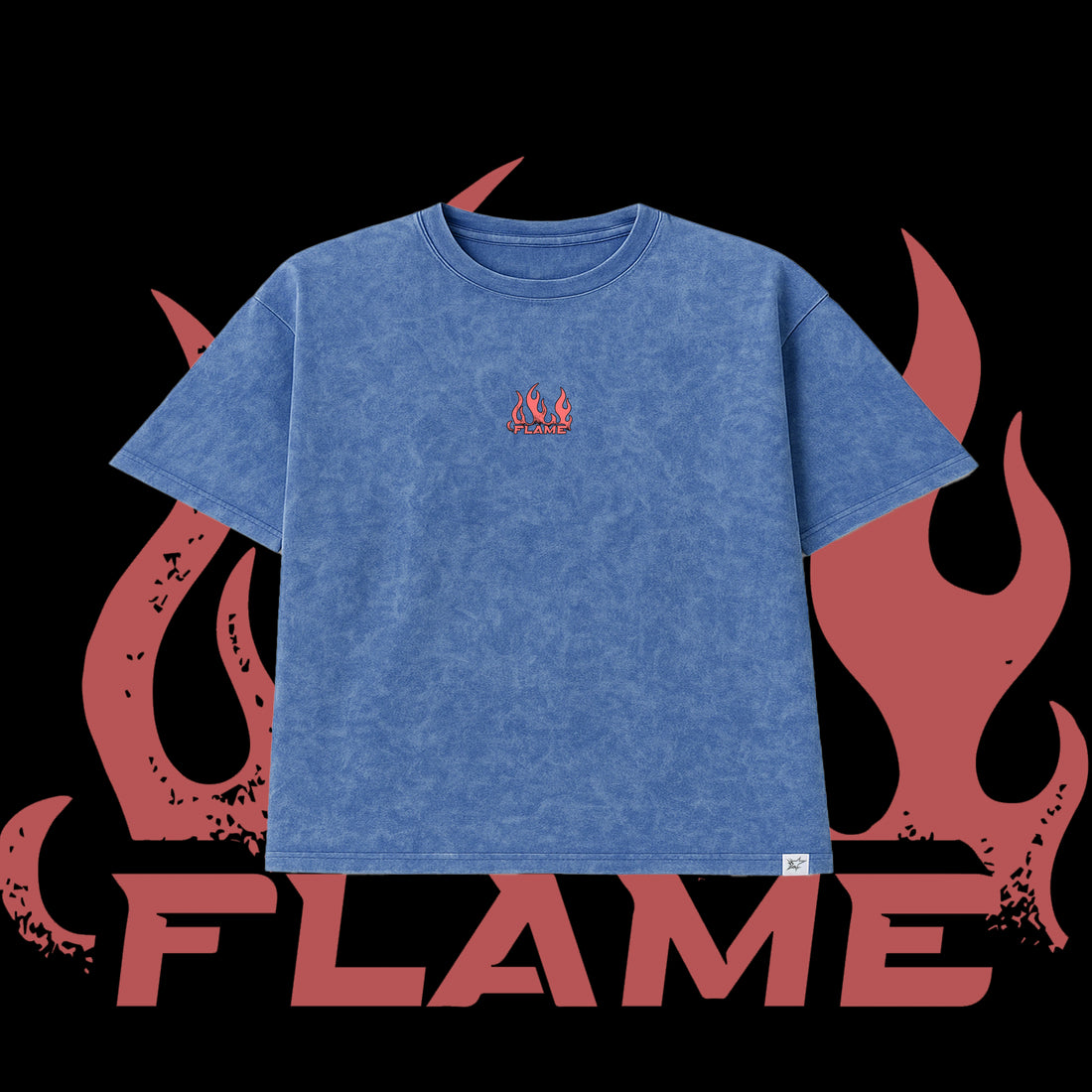 Blue t-shirt with red flame design on a black background