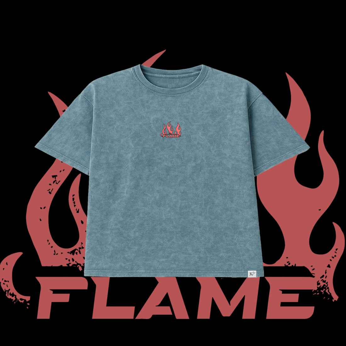 Blue t-shirt with a red logo on a black background with flame graphics