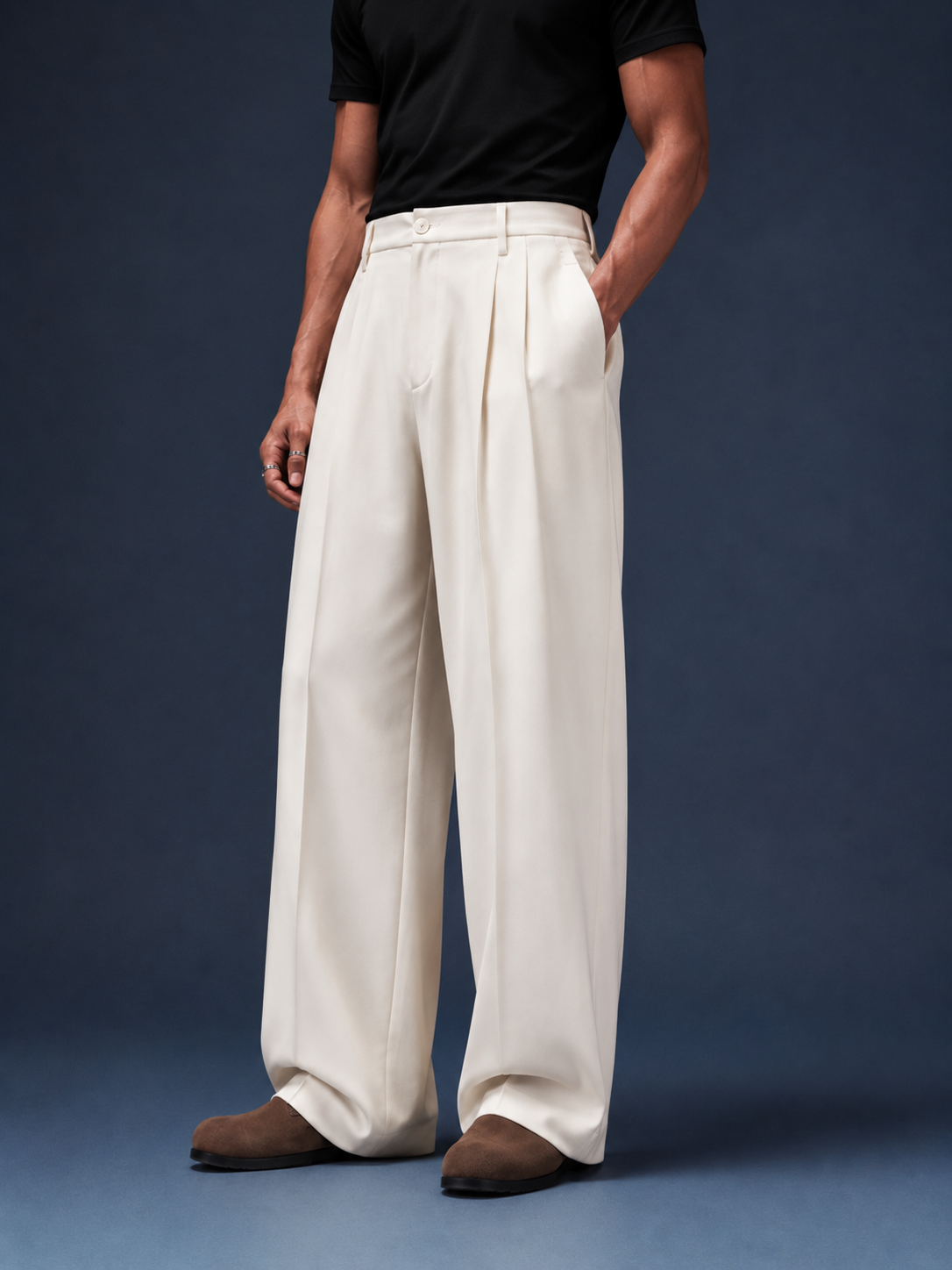 Off White Pleated Formal Wide Leg Pants (Men)